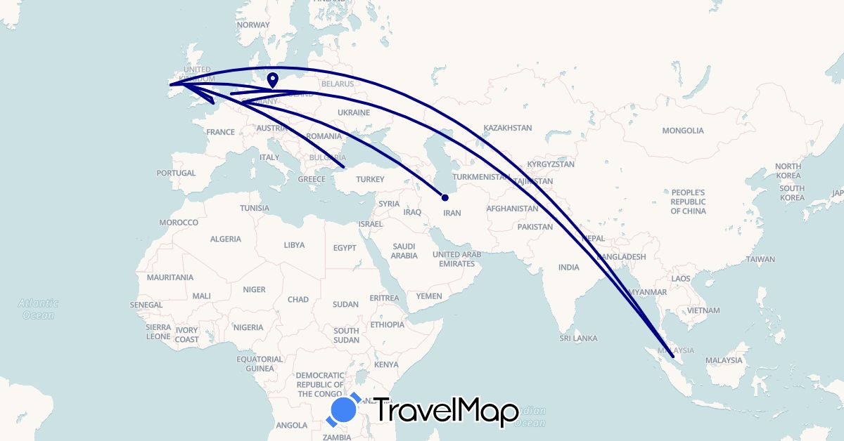 TravelMap itinerary: driving in Germany, United Kingdom, Ireland, Iran, Malaysia, Netherlands, Poland, Turkey (Asia, Europe)